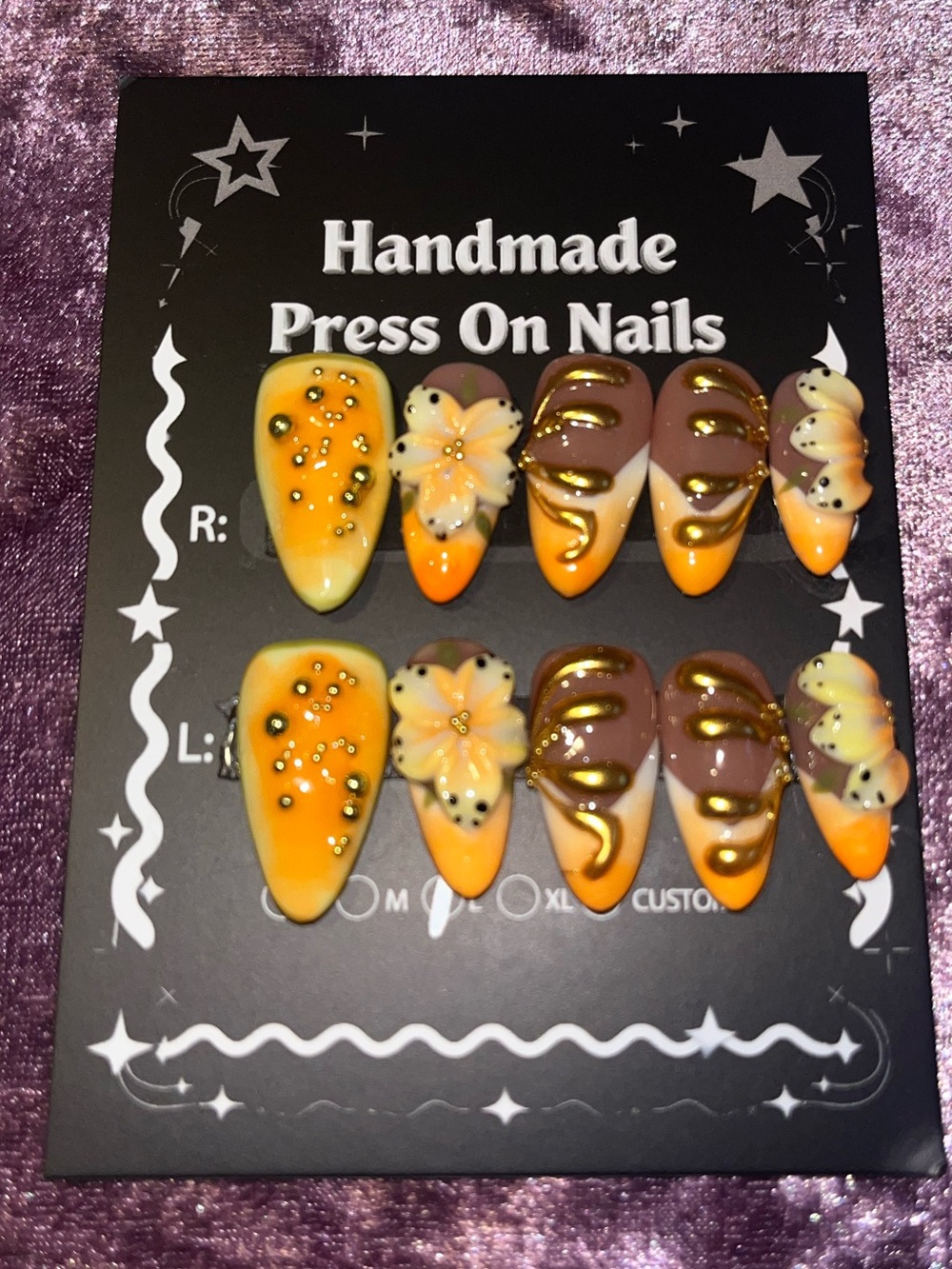 Handmade Press On Nails - Yellow & Brown Floral Design